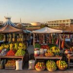 Feira do Trabalho e do Campo no Plano Piloto, Brasília, com barracas e produtos agrícolas