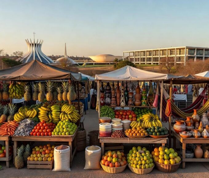 Feira do Trabalho e do Campo no Plano Piloto, Brasília, com barracas e produtos agrícolas