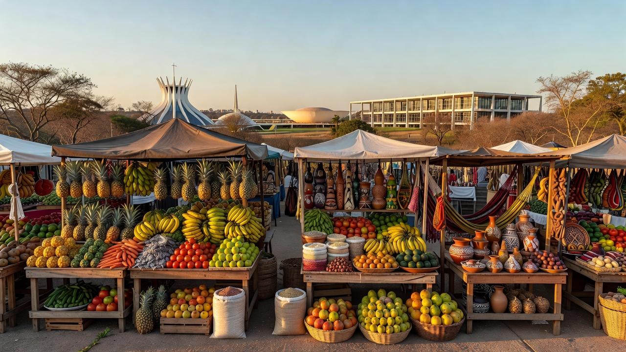 Feira do Trabalho e do Campo no Plano Piloto, Brasília, com barracas e produtos agrícolas