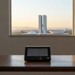 Urna eletrônica com vista de Brasília simbolizando pesquisa eleitoral para governo do DF