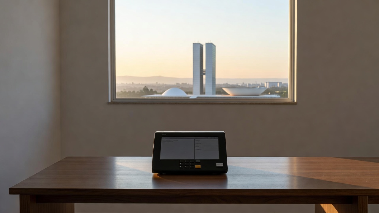 Urna eletrônica com vista de Brasília simbolizando pesquisa eleitoral para governo do DF