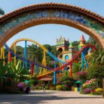 Entrada de parque temático brasileiro com atrações e sinalização de acessibilidade para TEA e PCD