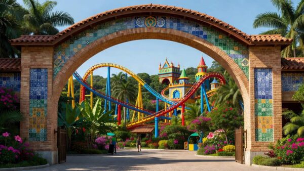 Entrada de parque temático brasileiro com atrações e sinalização de acessibilidade para TEA e PCD