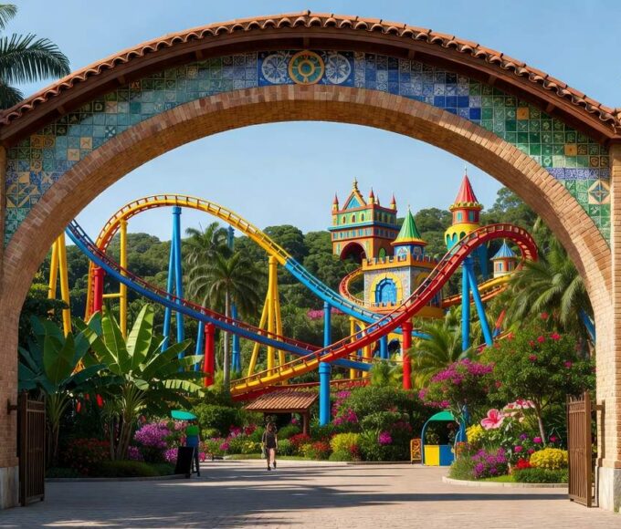 Entrada de parque temático brasileiro com atrações e sinalização de acessibilidade para TEA e PCD