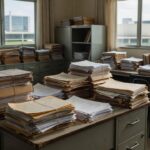 Sala administrativa em escola pública do DF com arquivos e documentos de funções burocráticas