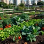 Horta comunitária no Guará, Brasília, com canteiros de vegetais cultivados por moradores