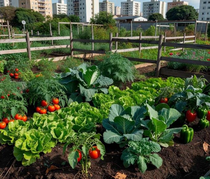 Horta comunitária no Guará, Brasília, com canteiros de vegetais cultivados por moradores