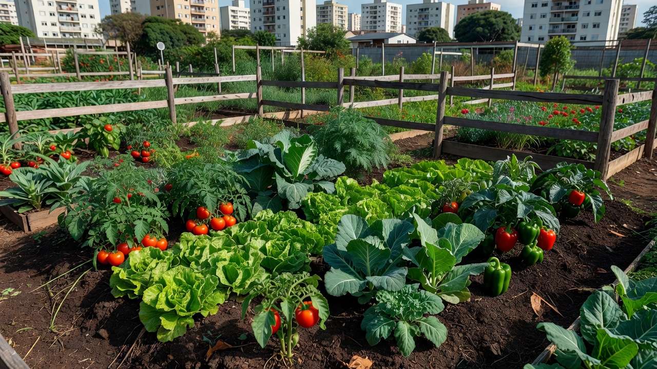 Horta comunitária no Guará, Brasília, com canteiros de vegetais cultivados por moradores