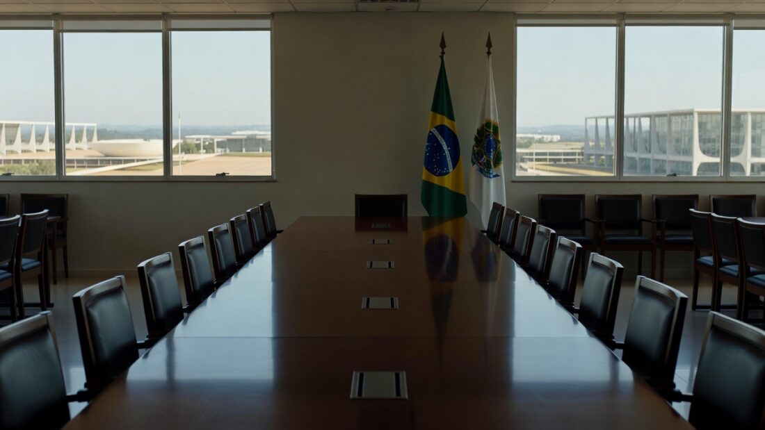 Mesa de reunião com documentos em sala formal após encontro MDB sem acordo