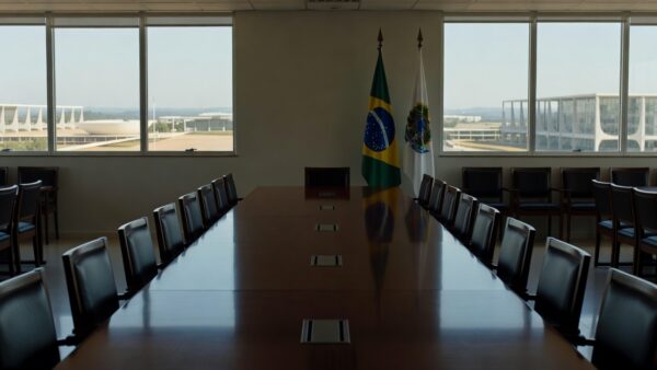 Mesa de reunião com documentos em sala formal após encontro MDB sem acordo