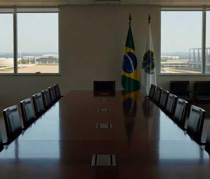 Mesa de reunião com documentos em sala formal após encontro MDB sem acordo