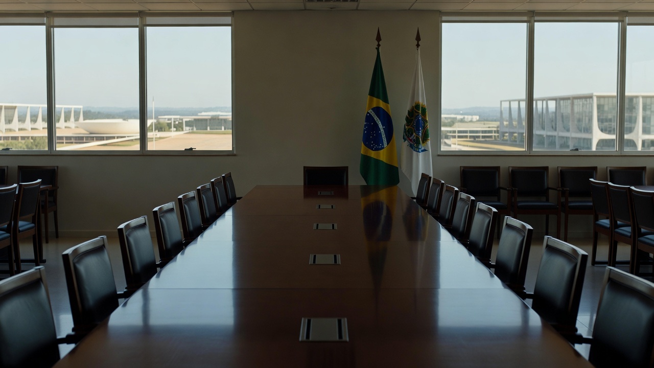 Mesa de reunião com documentos em sala formal após encontro MDB sem acordo