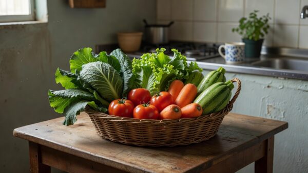 Cesta verde com vegetais frescos do programa Cartão Prato Cheio no DF