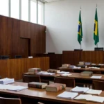 Sala de audiência do TJDFT em Brasília durante visita de estudantes de Direito