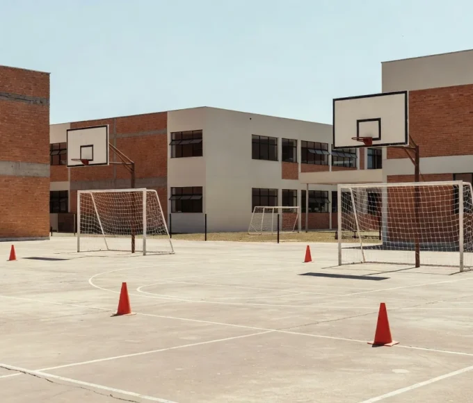 Quadra esportiva de escola pública no Distrito Federal com equipamentos de educação física