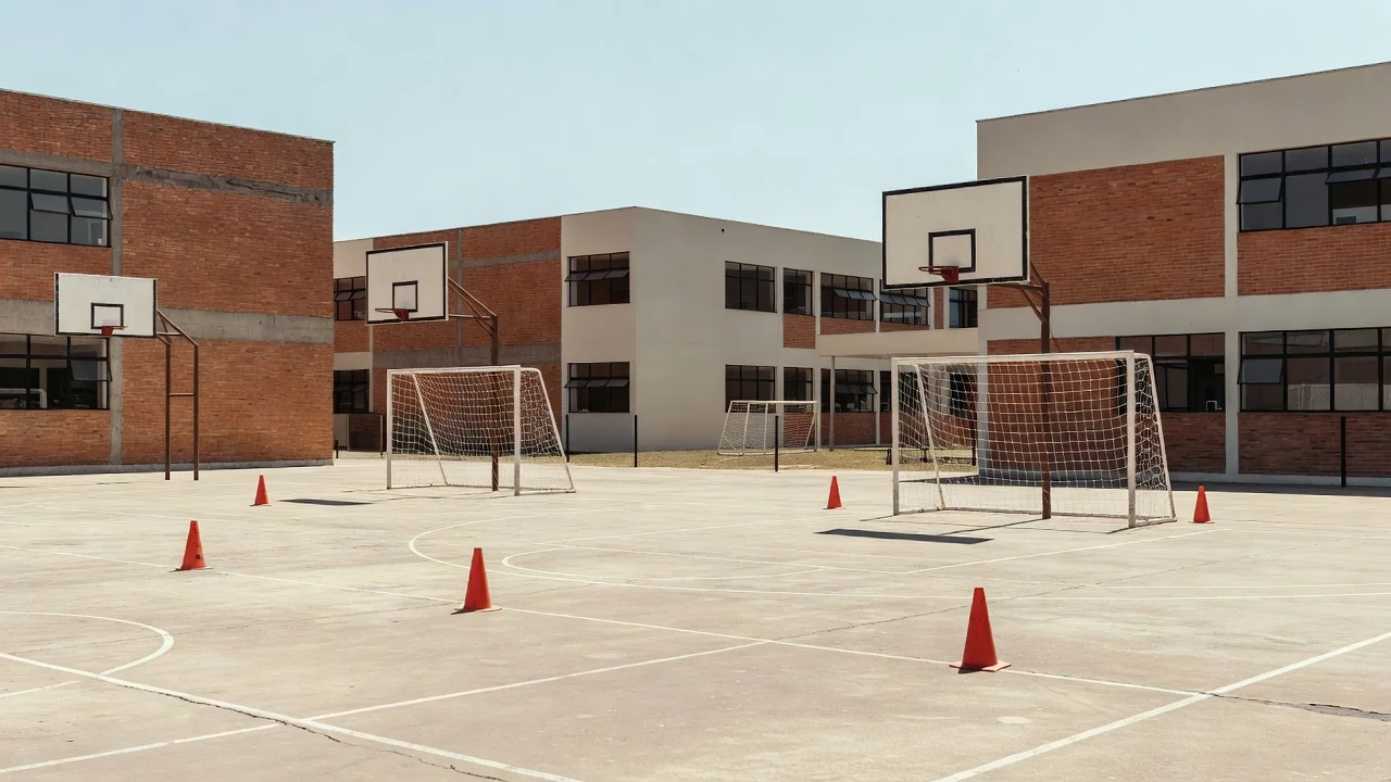 Quadra esportiva de escola pública no Distrito Federal com equipamentos de educação física