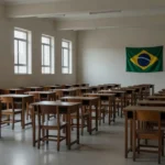 Sala de aula vazia em escola pública do DF representando atendimento limitado a crianças