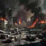 Cena de caos urbano com prédios destruídos e fumaça em São Paulo, simbolizando violência no século XXI