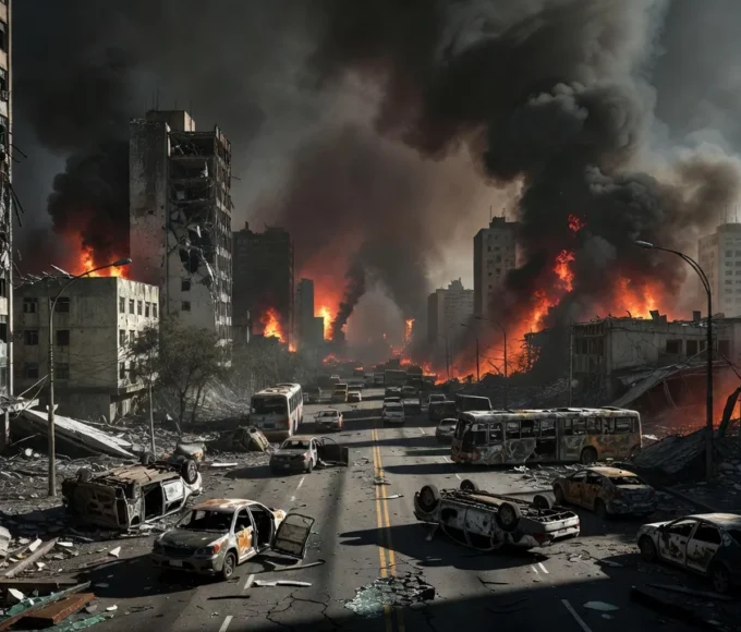 Cena de caos urbano com prédios destruídos e fumaça em São Paulo, simbolizando violência no século XXI