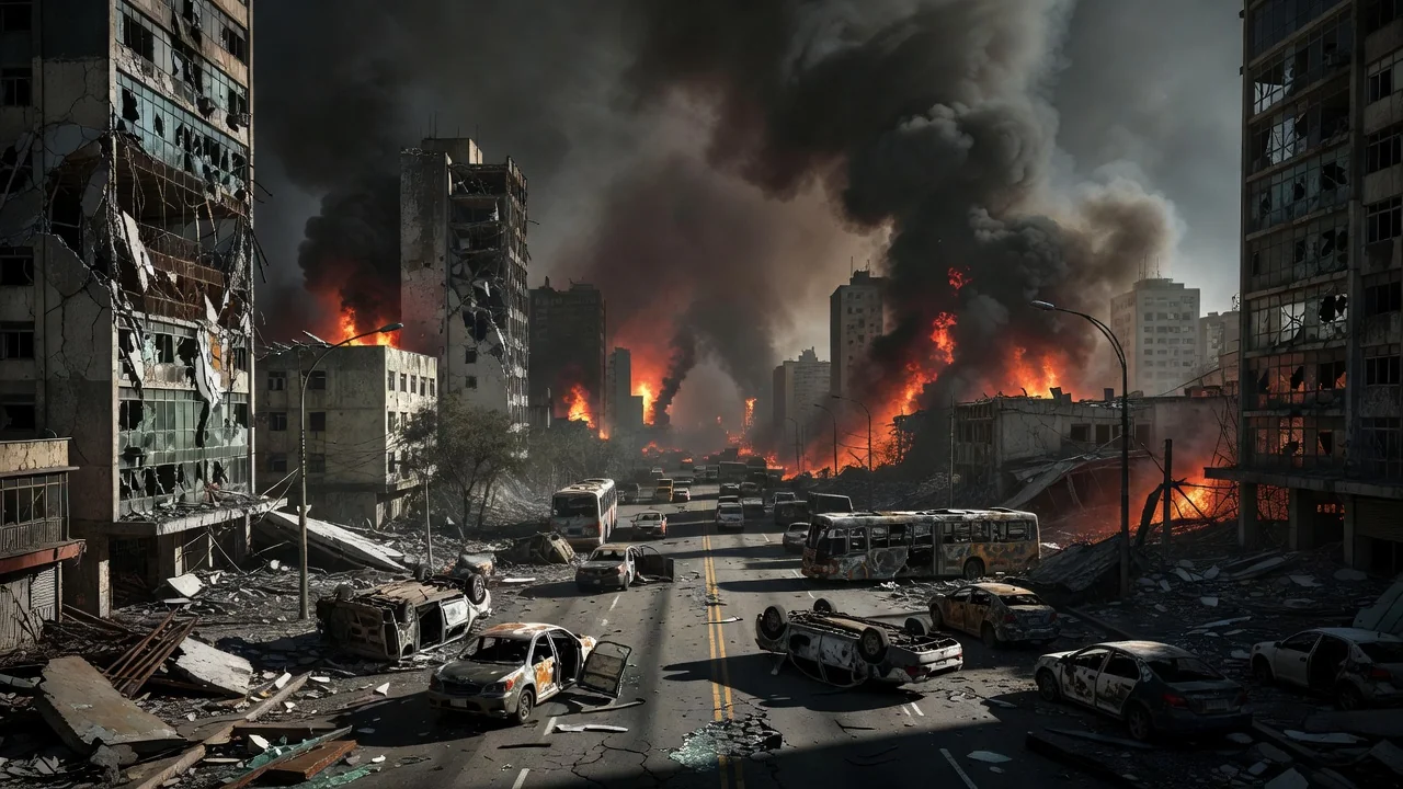 Cena de caos urbano com prédios destruídos e fumaça em São Paulo, simbolizando violência no século XXI