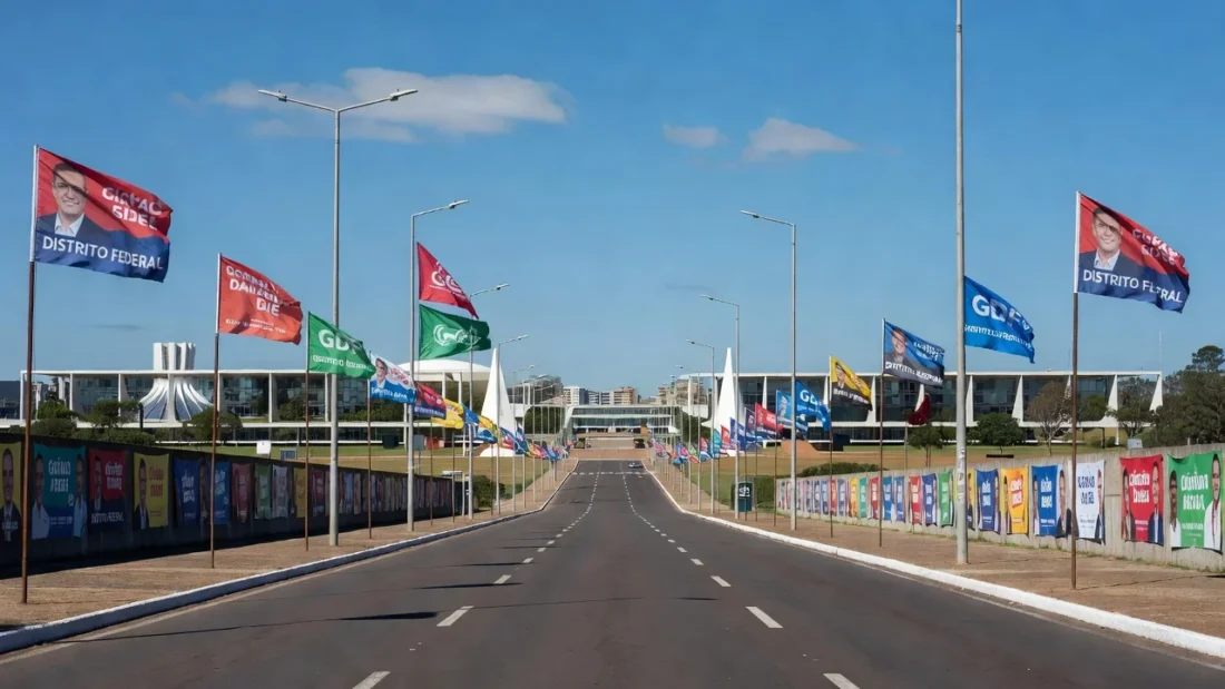 Ruas de Brasília com bandeiras e cartazes de campanha eleitoral ao GDF