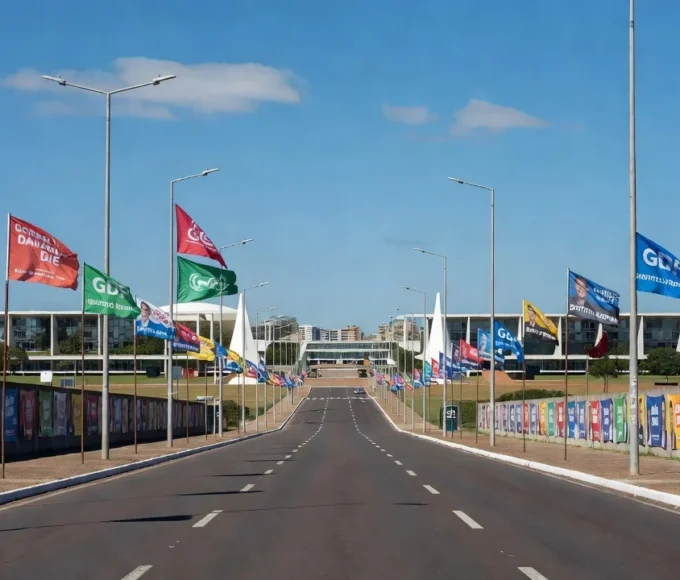 Ruas de Brasília com bandeiras e cartazes de campanha eleitoral ao GDF