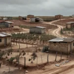 Assentamento Nova Jerusalém com casas rurais e terras agrícolas sob céu nublado