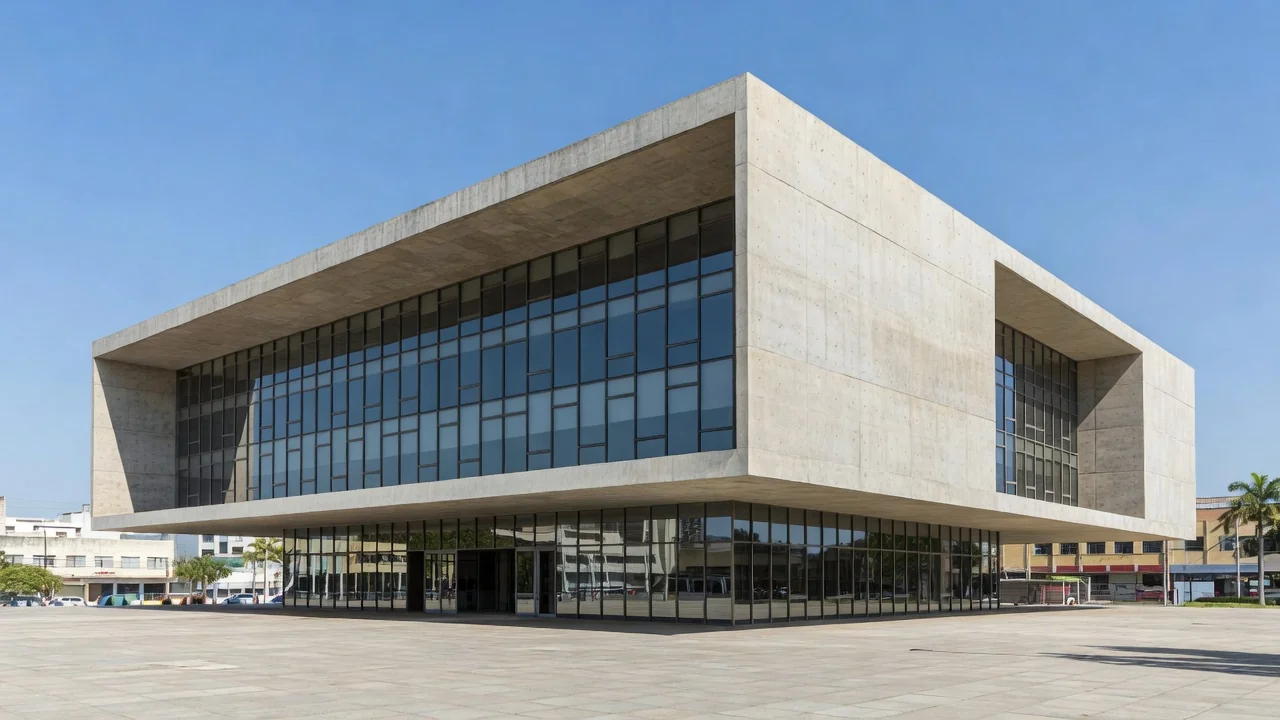 Fachada do prédio da 1ª Vara de Família de Planaltina, TJDFT, em estilo fotojornalístico.