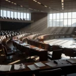 Congresso Nacional em Brasília com mesa vazia e papéis simbolizando promessas não cumpridas por deputados