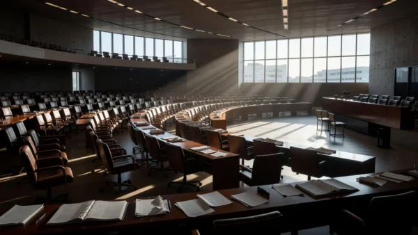 Congresso Nacional em Brasília com mesa vazia e papéis simbolizando promessas não cumpridas por deputados
