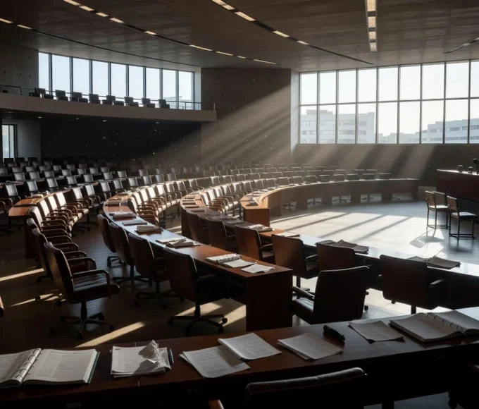 Congresso Nacional em Brasília com mesa vazia e papéis simbolizando promessas não cumpridas por deputados
