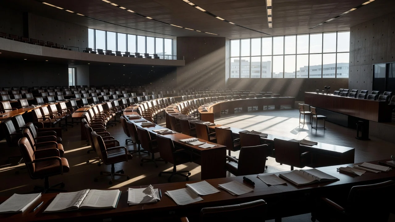 Congresso Nacional em Brasília com mesa vazia e papéis simbolizando promessas não cumpridas por deputados