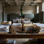 Congresso Nacional em Brasília com pilhas de documentos representando atraso em emendas parlamentares