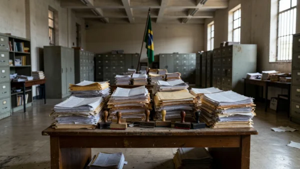 Congresso Nacional em Brasília com pilhas de documentos representando atraso em emendas parlamentares