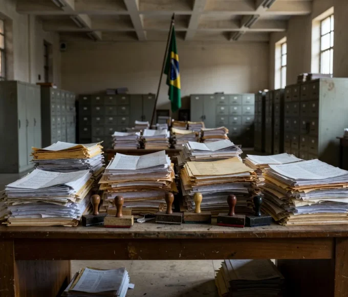 Congresso Nacional em Brasília com pilhas de documentos representando atraso em emendas parlamentares