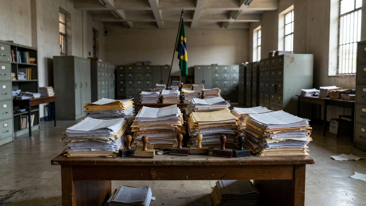 Congresso Nacional em Brasília com pilhas de documentos representando atraso em emendas parlamentares