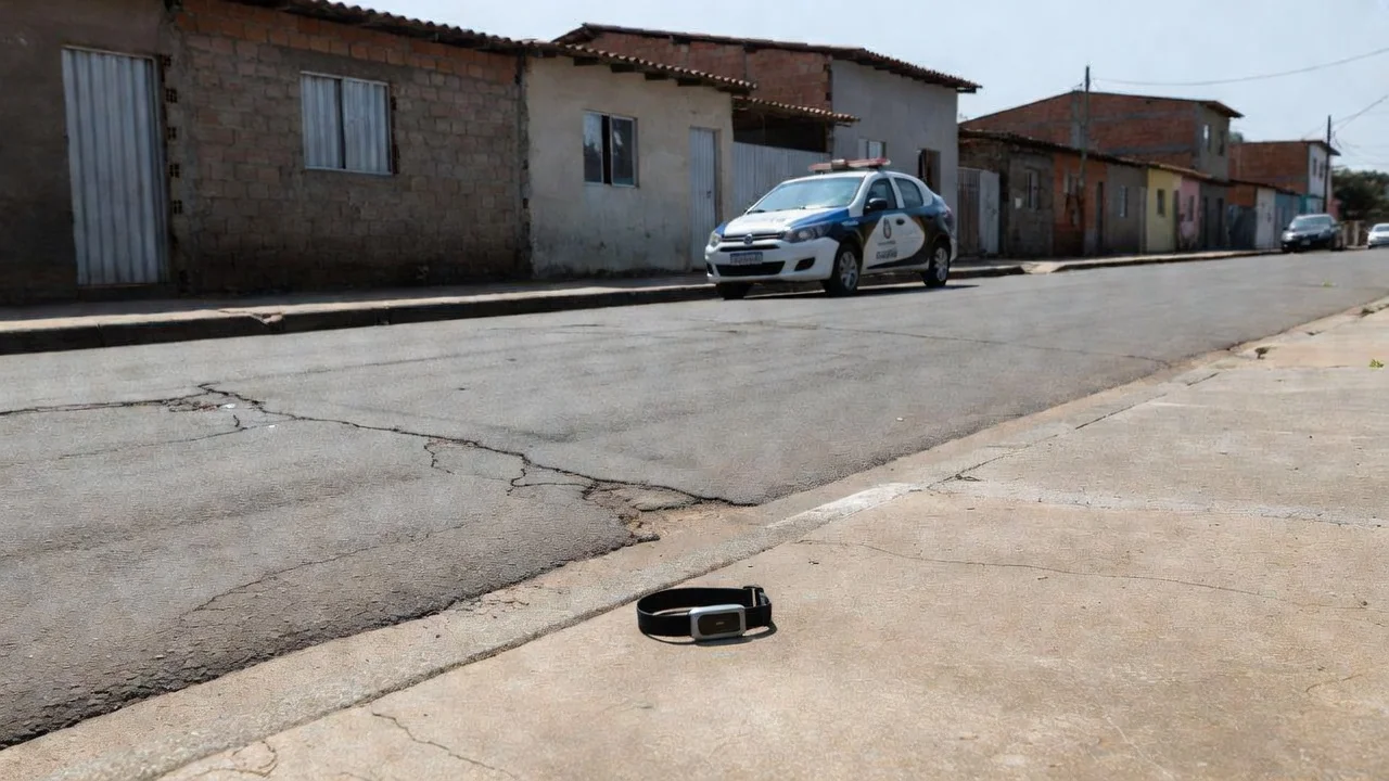 Viatura policial e tornozeleira em rua de Ceilândia após prisão