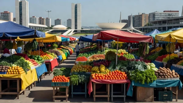 Feira livre no Distrito Federal com atmosfera de campanha política