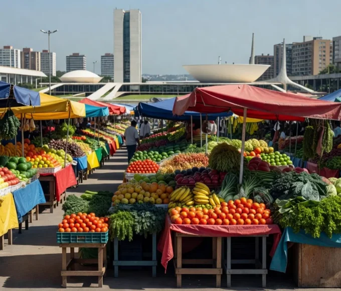 Feira livre no Distrito Federal com atmosfera de campanha política