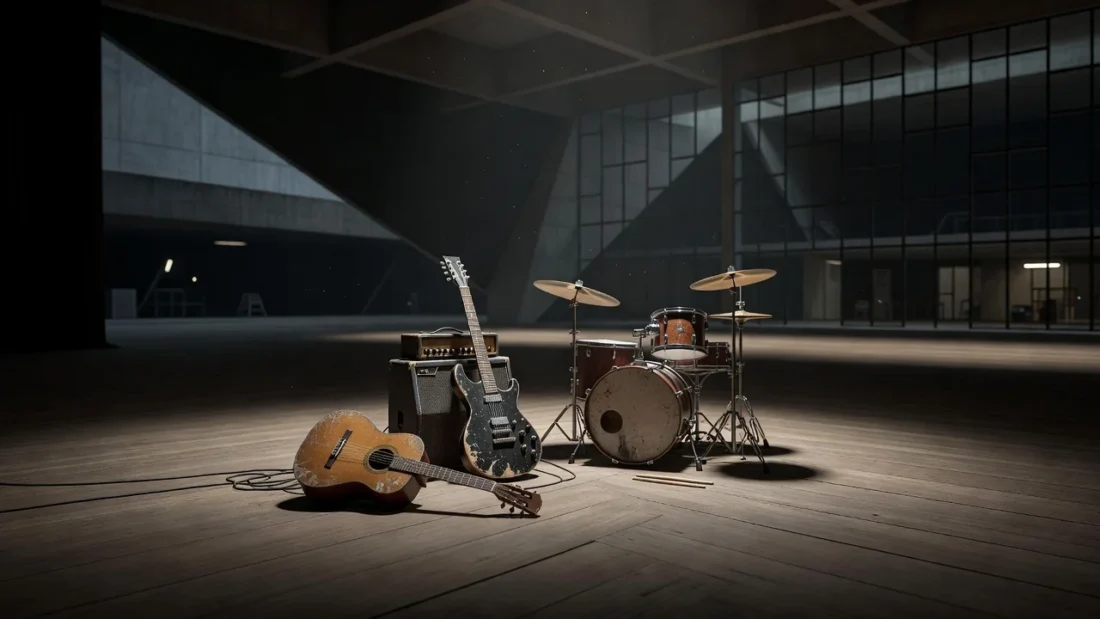 Violão em palco vazio de teatro em Brasília sobre fragilidade da música instrumental