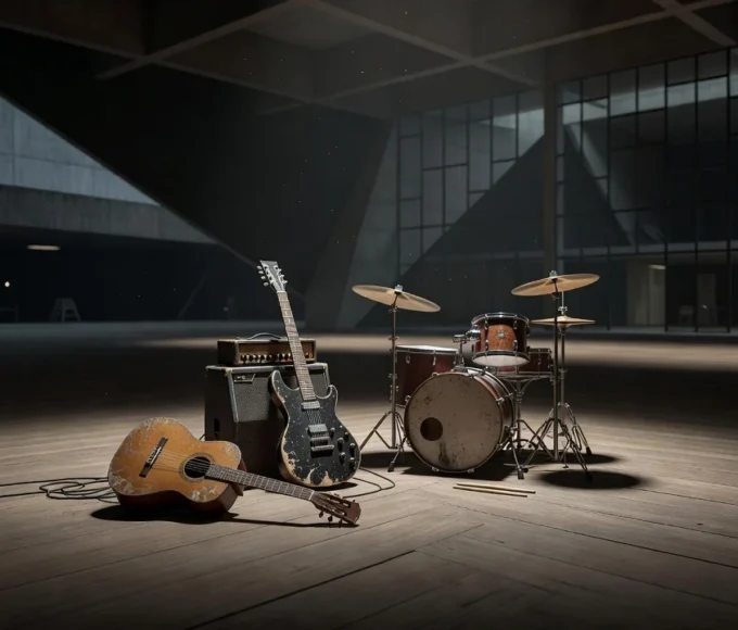 Violão em palco vazio de teatro em Brasília sobre fragilidade da música instrumental