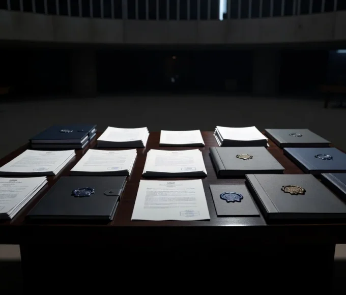 Documentos oficiais em mesa no Congresso Nacional em Brasília