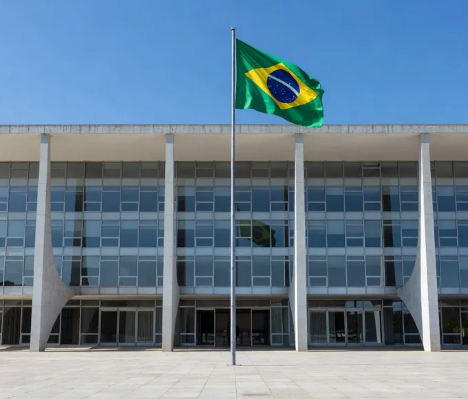 Campus da UnB em Brasília sob luz dramática, paleta escura e alto contraste