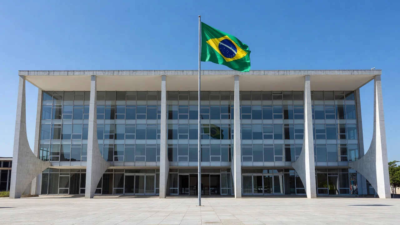 Campus da UnB em Brasília sob luz dramática, paleta escura e alto contraste