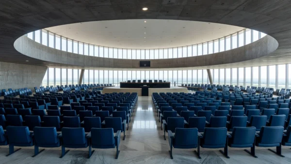 Prédio da CLDF em Brasília com gráfico comparativo de renovação